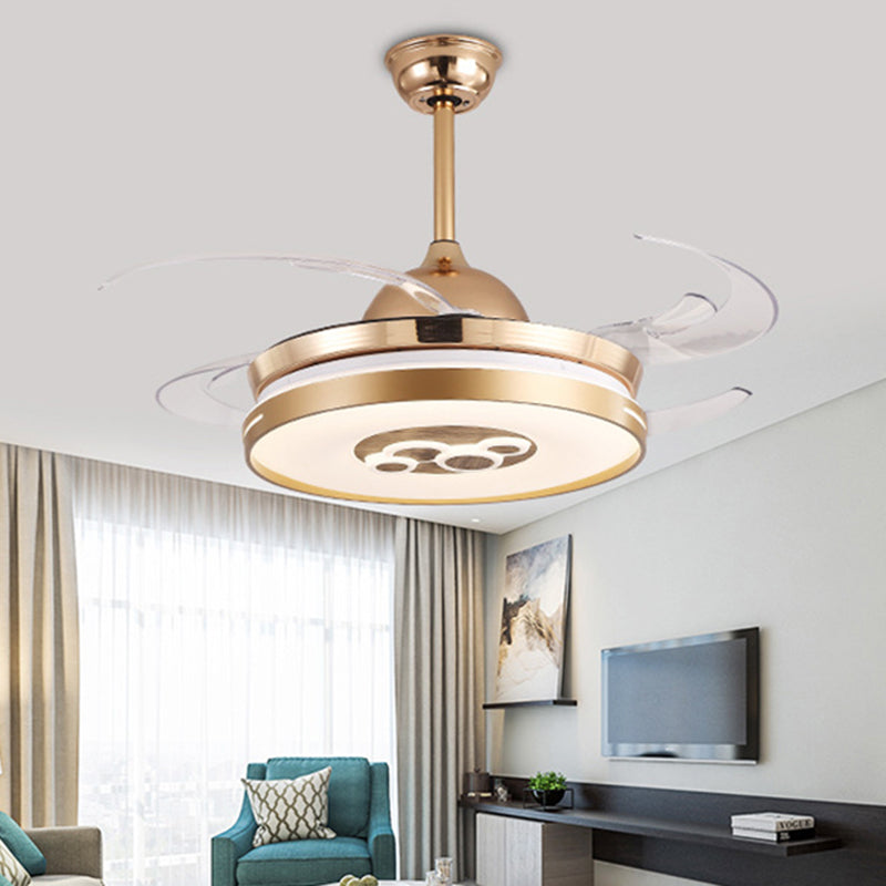 4 Blades Gold Drum Hanging Fan Lamp Modernist Metal Living Room LED Semi Flush Mount Light Fixture, 48" W Gold Clearhalo 'Ceiling Fans with Lights' 'Ceiling Fans' 'Modern Ceiling Fans' 'Modern' Lighting' 399490