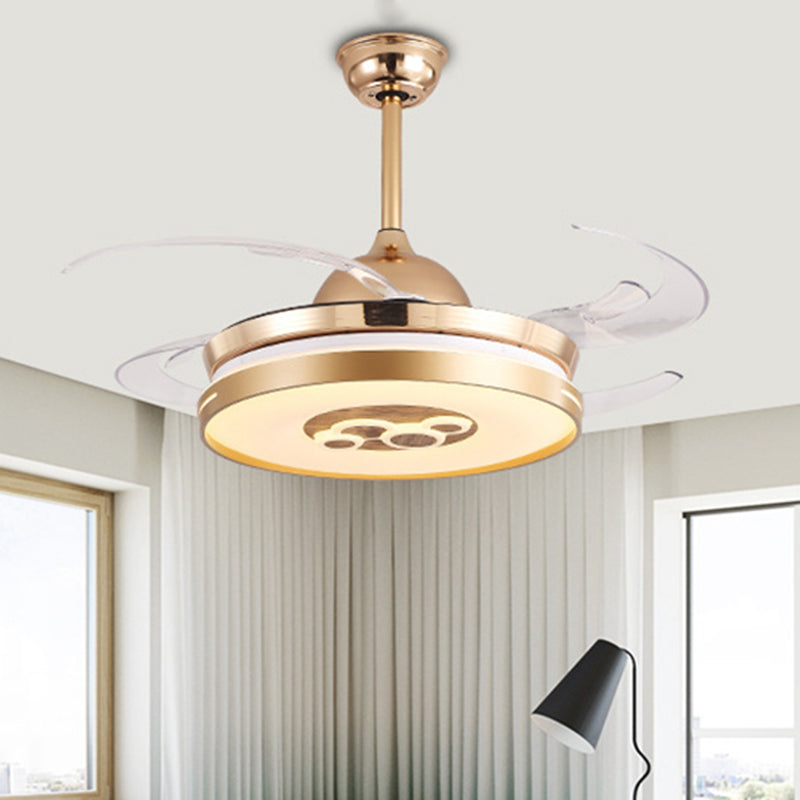 4 Blades Gold Drum Hanging Fan Lamp Modernist Metal Living Room LED Semi Flush Mount Light Fixture, 48" W Clearhalo 'Ceiling Fans with Lights' 'Ceiling Fans' 'Modern Ceiling Fans' 'Modern' Lighting' 399492