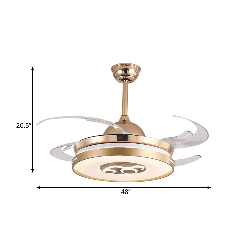 4 Blades Gold Drum Hanging Fan Lamp Modernist Metal Living Room LED Semi Flush Mount Light Fixture, 48" W Clearhalo 'Ceiling Fans with Lights' 'Ceiling Fans' 'Modern Ceiling Fans' 'Modern' Lighting' 399494