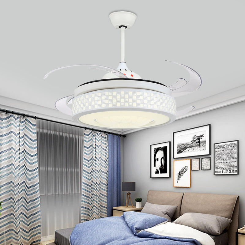 48" W Metal White Semi Flushmount Drum LED Contemporary 8 Blades Hanging Fan Light Fixture with Acrylic Shade Clearhalo 'Ceiling Fans with Lights' 'Ceiling Fans' 'Modern Ceiling Fans' 'Modern' Lighting' 399506