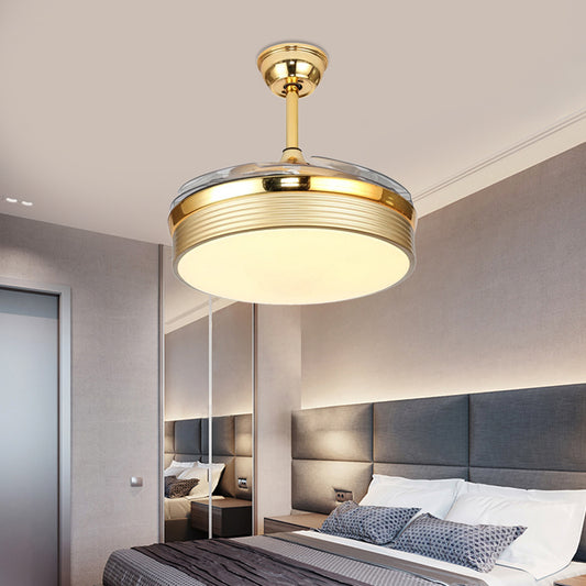 Gold/White Cylinder Hanging Fan Lamp Modernist Metal Living Room 42" W LED Semi Flush Mount Light with 4 Clear Blades Gold Clearhalo 'Ceiling Fans with Lights' 'Ceiling Fans' 'Modern Ceiling Fans' 'Modern' Lighting' 399530