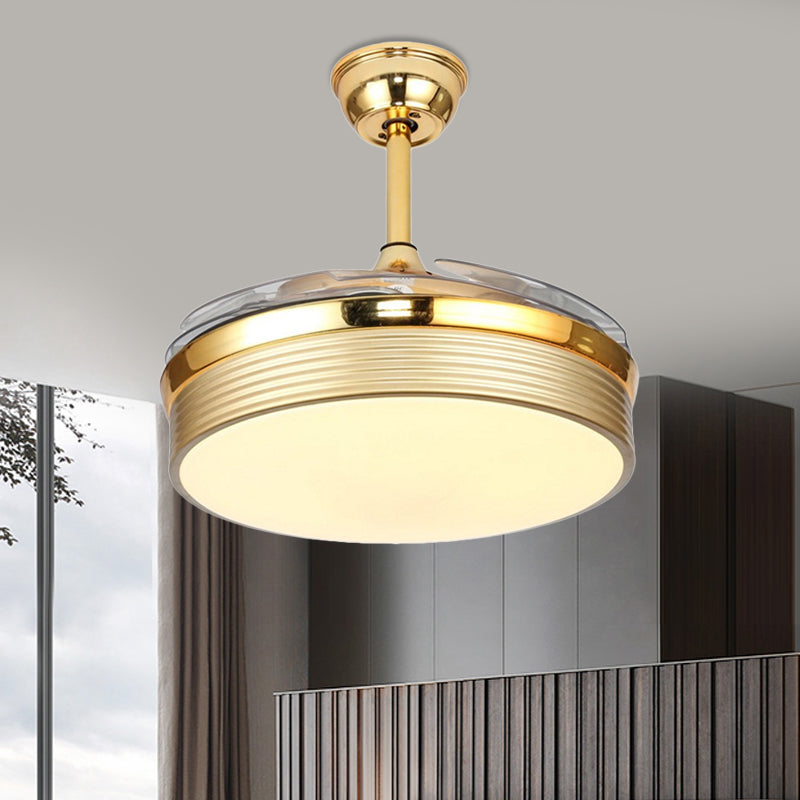 Gold/White Cylinder Hanging Fan Lamp Modernist Metal Living Room 42" W LED Semi Flush Mount Light with 4 Clear Blades Clearhalo 'Ceiling Fans with Lights' 'Ceiling Fans' 'Modern Ceiling Fans' 'Modern' Lighting' 399531