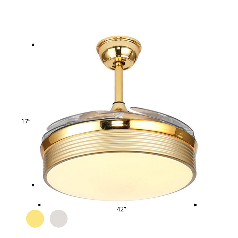 Gold/White Cylinder Hanging Fan Lamp Modernist Metal Living Room 42" W LED Semi Flush Mount Light with 4 Clear Blades Clearhalo 'Ceiling Fans with Lights' 'Ceiling Fans' 'Modern Ceiling Fans' 'Modern' Lighting' 399534