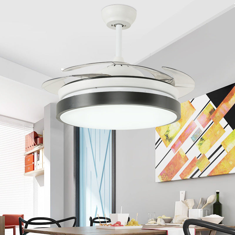 42" W Metal White/Black Semi Flushmount Drum LED Contemporary Ceiling Fan Light Fixture with 4 Clear Blades Clearhalo 'Ceiling Fans with Lights' 'Ceiling Fans' 'Modern Ceiling Fans' 'Modern' Lighting' 399540