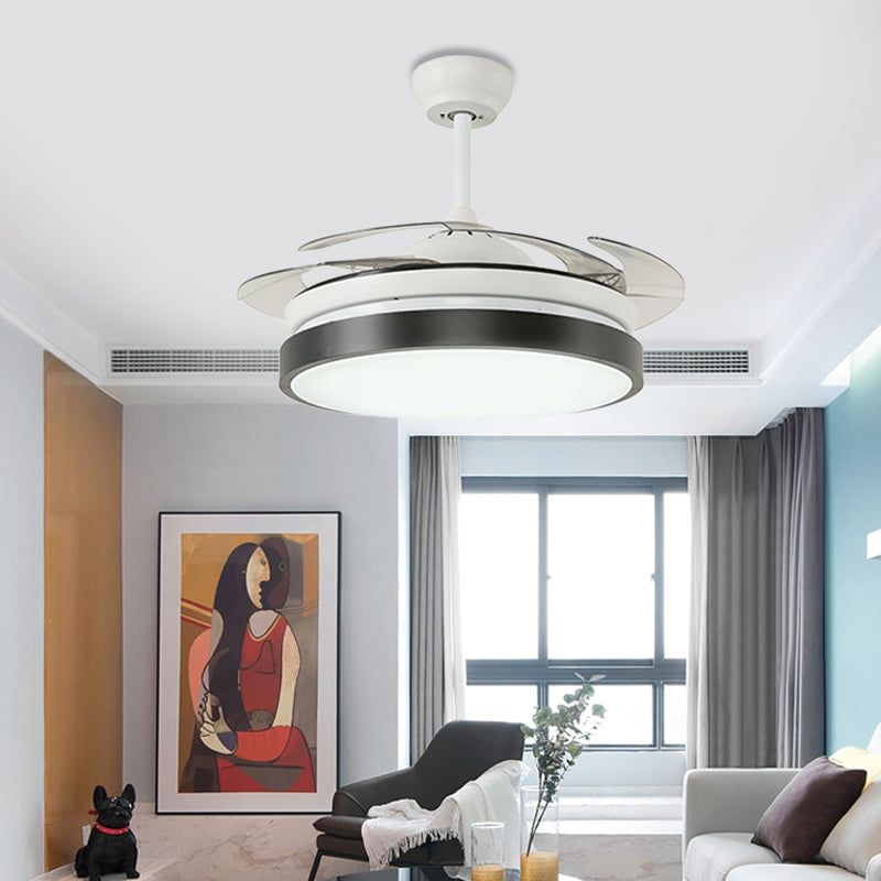 42" W Metal White/Black Semi Flushmount Drum LED Contemporary Ceiling Fan Light Fixture with 4 Clear Blades Clearhalo 'Ceiling Fans with Lights' 'Ceiling Fans' 'Modern Ceiling Fans' 'Modern' Lighting' 399541