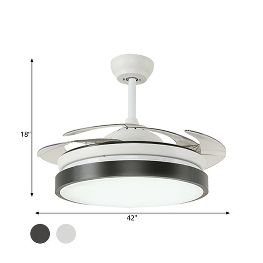 42" W Metal White/Black Semi Flushmount Drum LED Contemporary Ceiling Fan Light Fixture with 4 Clear Blades Clearhalo 'Ceiling Fans with Lights' 'Ceiling Fans' 'Modern Ceiling Fans' 'Modern' Lighting' 399543