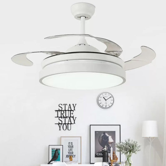 42" W Metal White/Black Semi Flushmount Drum LED Contemporary Ceiling Fan Light Fixture with 4 Clear Blades White Clearhalo 'Ceiling Fans with Lights' 'Ceiling Fans' 'Modern Ceiling Fans' 'Modern' Lighting' 399544