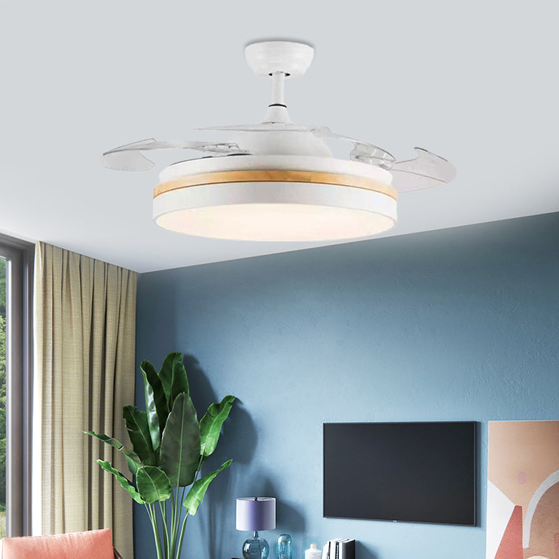 LED Acrylic Semi Flush Mount Light Modern White Finish Drum Living Room 4 Clear Blades Pendant Fan Lamp, 42" Wide Clearhalo 'Ceiling Fans with Lights' 'Ceiling Fans' 'Modern Ceiling Fans' 'Modern' Lighting' 399548