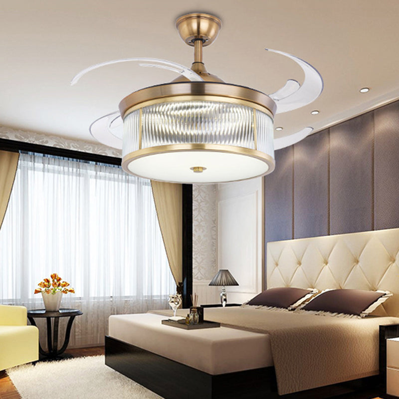 Brass Cylinder Hanging Fan Lamp Modernist Metal Living Room 48" W LED Semi Flush Ceiling Light with 8 Blades Clearhalo 'Ceiling Fans with Lights' 'Ceiling Fans' 'Modern Ceiling Fans' 'Modern' Lighting' 399563