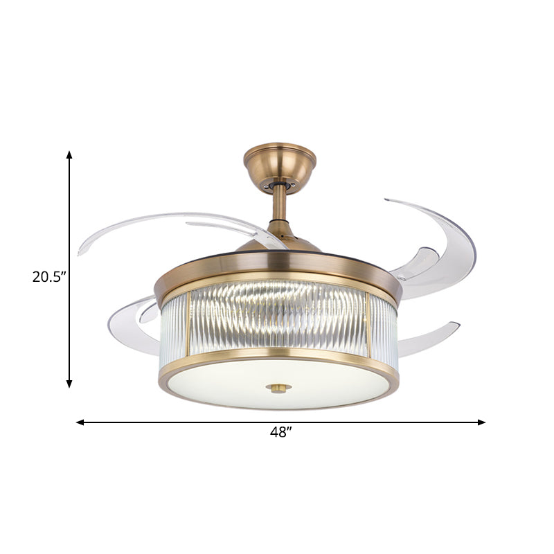 Brass Cylinder Hanging Fan Lamp Modernist Metal Living Room 48" W LED Semi Flush Ceiling Light with 8 Blades Clearhalo 'Ceiling Fans with Lights' 'Ceiling Fans' 'Modern Ceiling Fans' 'Modern' Lighting' 399565