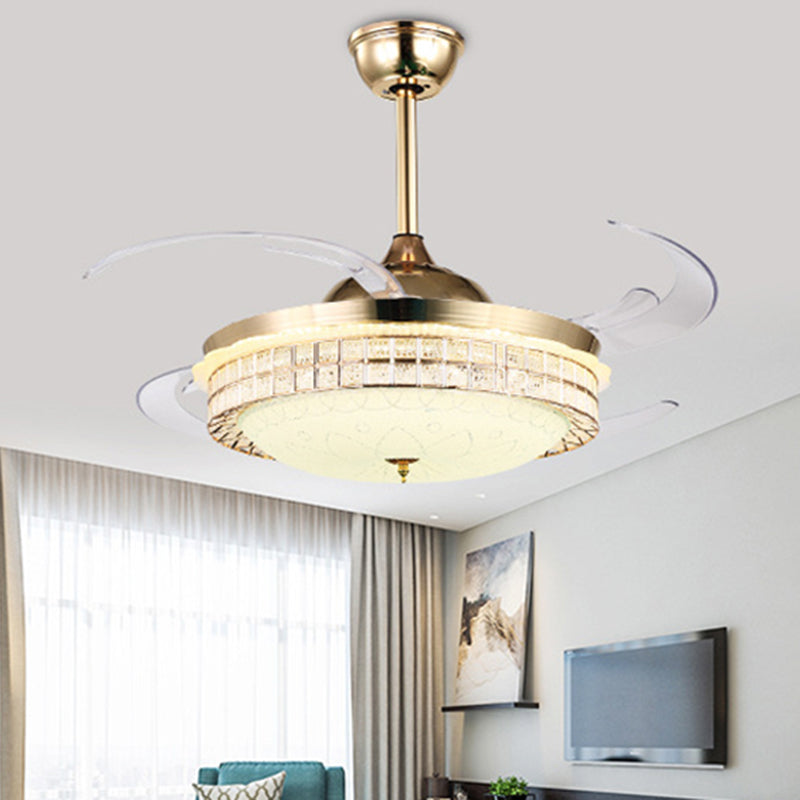 48" W Gold LED Semi Flush Lighting Modernist Metal Round 8 Clear Blades Pendant Fan Lamp with Acrylic Shade Gold Clearhalo 'Ceiling Fans with Lights' 'Ceiling Fans' 'Modern Ceiling Fans' 'Modern' Lighting' 399566