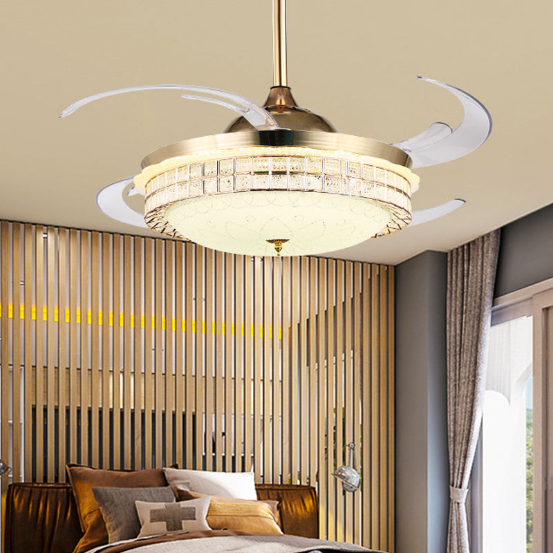 48" W Gold LED Semi Flush Lighting Modernist Metal Round 8 Clear Blades Pendant Fan Lamp with Acrylic Shade Clearhalo 'Ceiling Fans with Lights' 'Ceiling Fans' 'Modern Ceiling Fans' 'Modern' Lighting' 399567