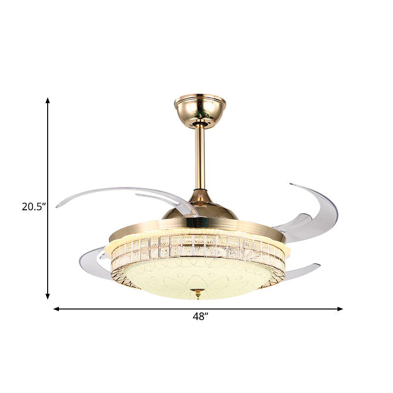 48" W Gold LED Semi Flush Lighting Modernist Metal Round 8 Clear Blades Pendant Fan Lamp with Acrylic Shade Clearhalo 'Ceiling Fans with Lights' 'Ceiling Fans' 'Modern Ceiling Fans' 'Modern' Lighting' 399570