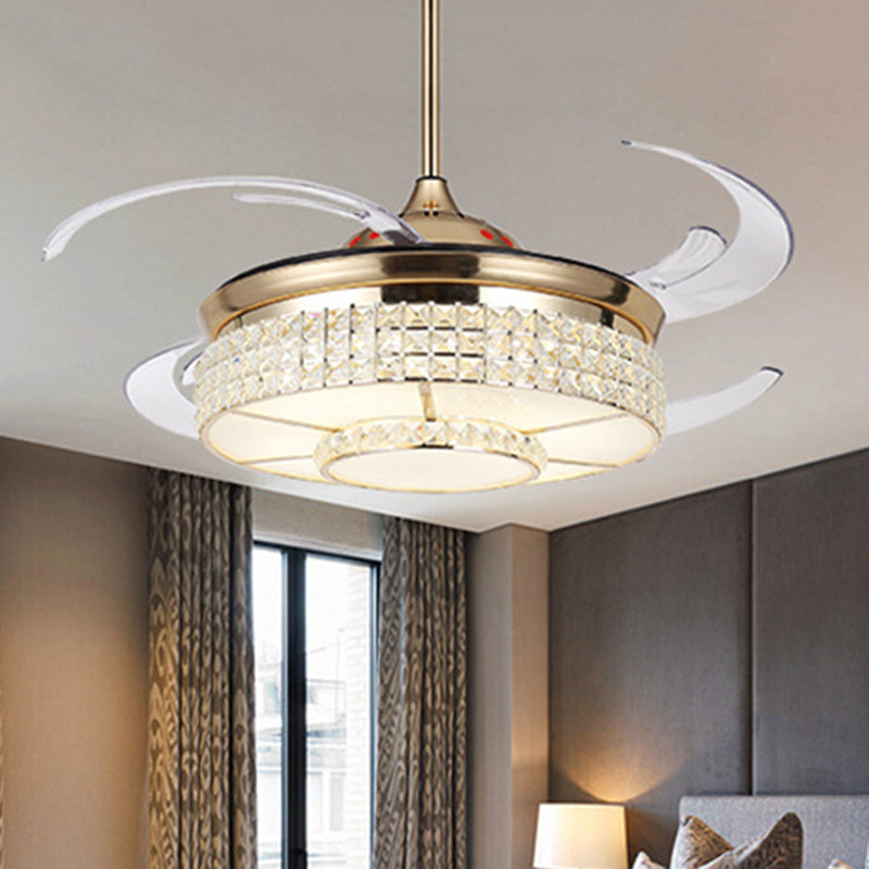 LED Crystal Semi Flush Light Fixture Modern Gold Cylinder Bedroom Hanging Ceiling Fan Lamp with 4 Clear Blades, 48" Wide Gold Clearhalo 'Ceiling Fans with Lights' 'Ceiling Fans' 'Modern Ceiling Fans' 'Modern' Lighting' 399581