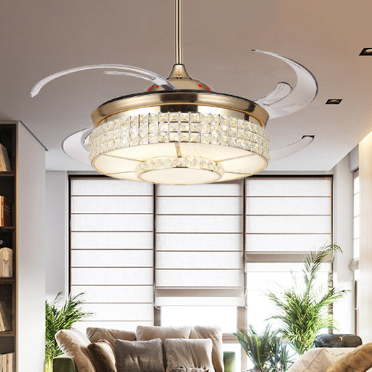 LED Crystal Semi Flush Light Fixture Modern Gold Cylinder Bedroom Hanging Ceiling Fan Lamp with 4 Clear Blades, 48" Wide Clearhalo 'Ceiling Fans with Lights' 'Ceiling Fans' 'Modern Ceiling Fans' 'Modern' Lighting' 399582