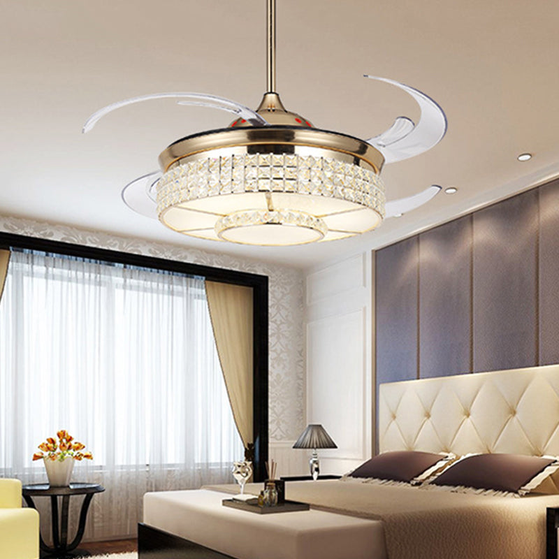 LED Crystal Semi Flush Light Fixture Modern Gold Cylinder Bedroom Hanging Ceiling Fan Lamp with 4 Clear Blades, 48" Wide Clearhalo 'Ceiling Fans with Lights' 'Ceiling Fans' 'Modern Ceiling Fans' 'Modern' Lighting' 399583