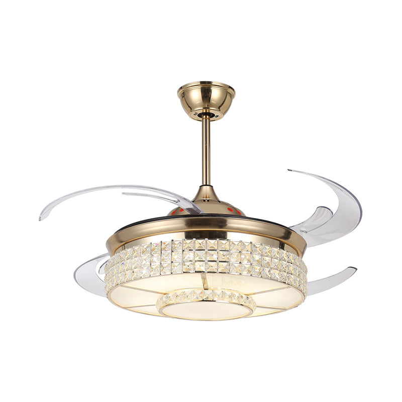 LED Crystal Semi Flush Light Fixture Modern Gold Cylinder Bedroom Hanging Ceiling Fan Lamp with 4 Clear Blades, 48" Wide Clearhalo 'Ceiling Fans with Lights' 'Ceiling Fans' 'Modern Ceiling Fans' 'Modern' Lighting' 399584