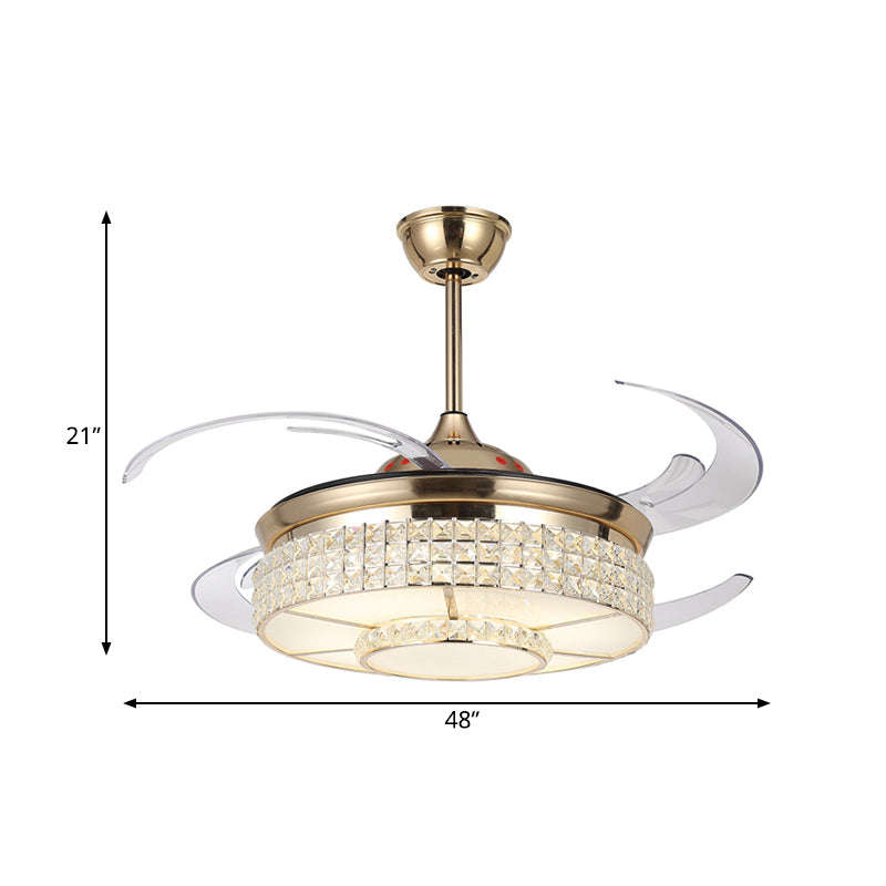 LED Crystal Semi Flush Light Fixture Modern Gold Cylinder Bedroom Hanging Ceiling Fan Lamp with 4 Clear Blades, 48" Wide Clearhalo 'Ceiling Fans with Lights' 'Ceiling Fans' 'Modern Ceiling Fans' 'Modern' Lighting' 399585