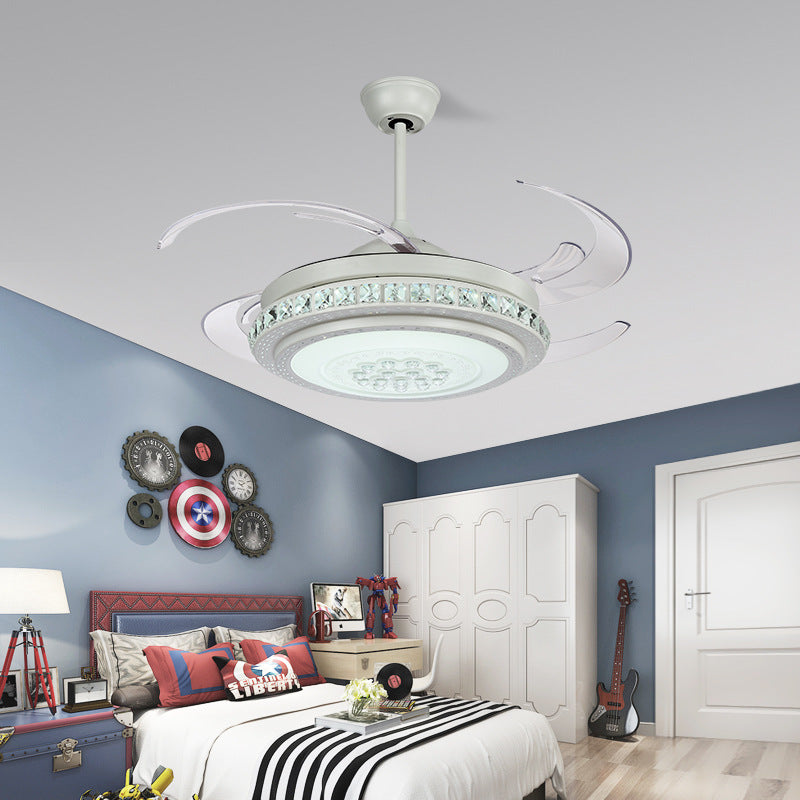 Modernist Drum Semi Flushmount 48" W LED Acrylic 4 BladesPendant Fan Light in White with Crystal Accent White Clearhalo 'Ceiling Fans with Lights' 'Ceiling Fans' 'Modern Ceiling Fans' 'Modern' Lighting' 399591