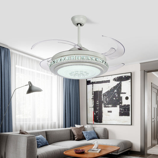 Modernist Drum Semi Flushmount 48" W LED Acrylic 4 BladesPendant Fan Light in White with Crystal Accent Clearhalo 'Ceiling Fans with Lights' 'Ceiling Fans' 'Modern Ceiling Fans' 'Modern' Lighting' 399592