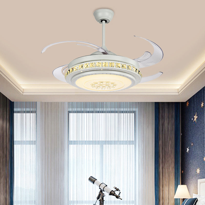 Modernist Drum Semi Flushmount 48" W LED Acrylic 4 BladesPendant Fan Light in White with Crystal Accent Clearhalo 'Ceiling Fans with Lights' 'Ceiling Fans' 'Modern Ceiling Fans' 'Modern' Lighting' 399593
