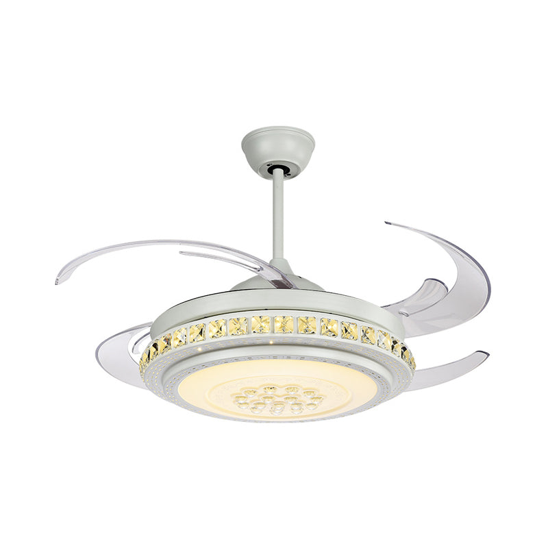 Modernist Drum Semi Flushmount 48" W LED Acrylic 4 BladesPendant Fan Light in White with Crystal Accent Clearhalo 'Ceiling Fans with Lights' 'Ceiling Fans' 'Modern Ceiling Fans' 'Modern' Lighting' 399594