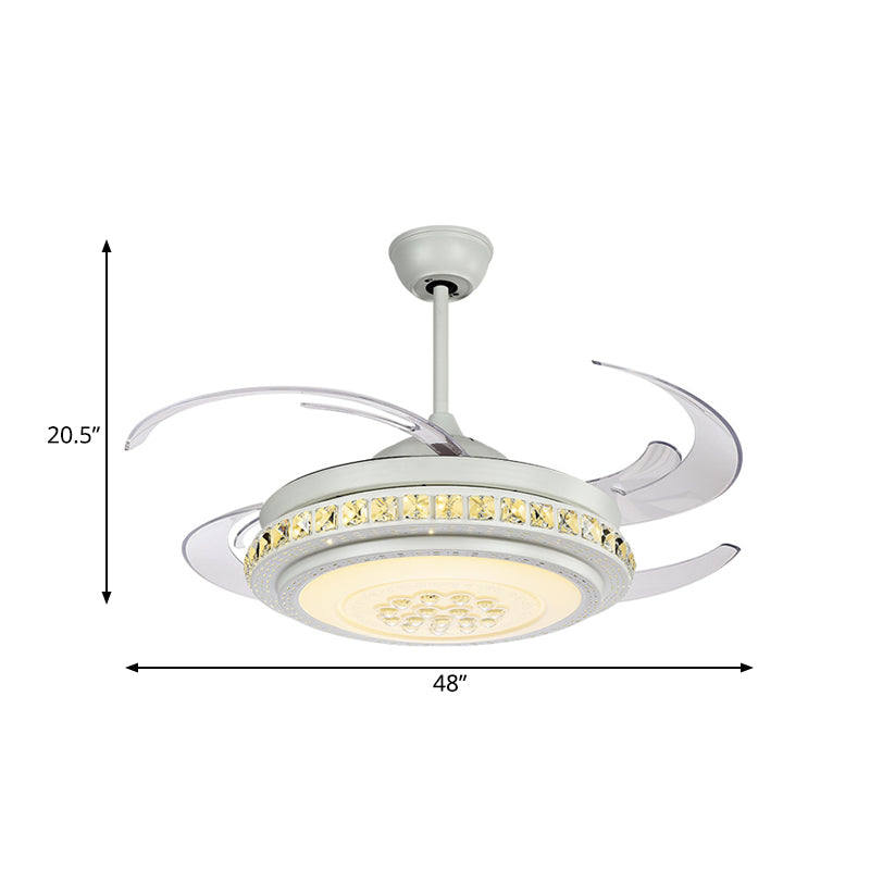 Modernist Drum Semi Flushmount 48" W LED Acrylic 4 BladesPendant Fan Light in White with Crystal Accent Clearhalo 'Ceiling Fans with Lights' 'Ceiling Fans' 'Modern Ceiling Fans' 'Modern' Lighting' 399595