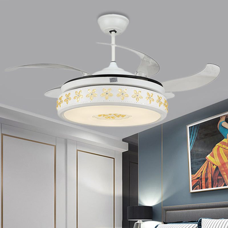 Round Living Room Hanging Fan Light Modernist Acrylic Shade LED White Semi Flush Lamp Fixture with 4 Clear Blades, 52" W White Clearhalo 'Ceiling Fans with Lights' 'Ceiling Fans' 'Modern Ceiling Fans' 'Modern' Lighting' 399596