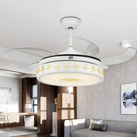 Round Living Room Hanging Fan Light Modernist Acrylic Shade LED White Semi Flush Lamp Fixture with 4 Clear Blades, 52" W Clearhalo 'Ceiling Fans with Lights' 'Ceiling Fans' 'Modern Ceiling Fans' 'Modern' Lighting' 399597