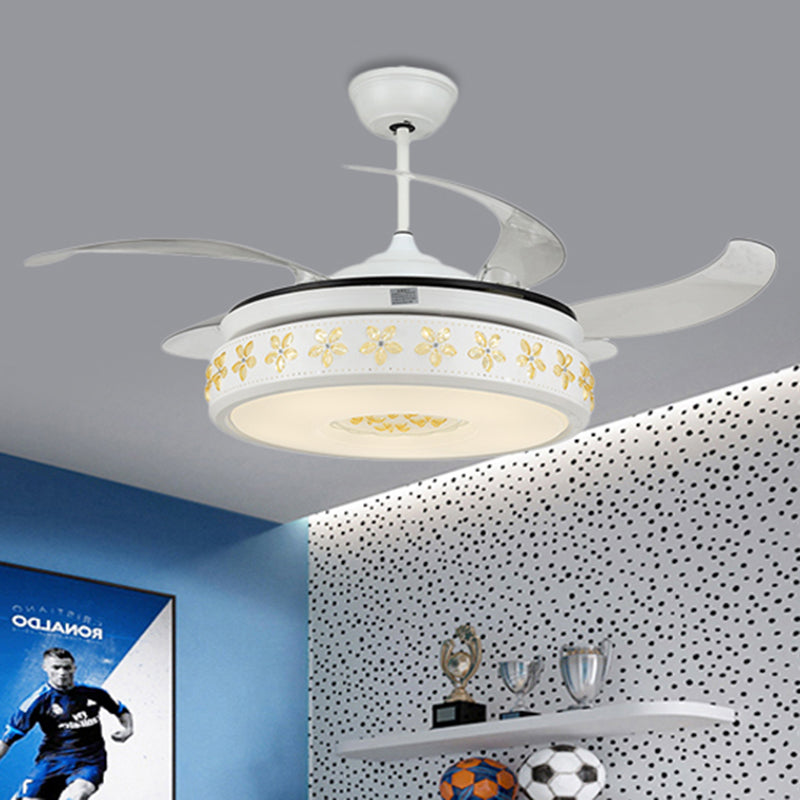 Round Living Room Hanging Fan Light Modernist Acrylic Shade LED White Semi Flush Lamp Fixture with 4 Clear Blades, 52" W Clearhalo 'Ceiling Fans with Lights' 'Ceiling Fans' 'Modern Ceiling Fans' 'Modern' Lighting' 399598