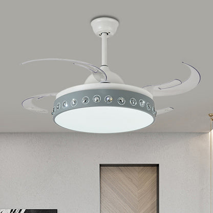 LED Drum Pendant Fan Light Modernism Grey Metallic 8 Blades Semi Flush Ceiling Lamp, 48" Wide Grey Clearhalo 'Ceiling Fans with Lights' 'Ceiling Fans' 'Modern Ceiling Fans' 'Modern' Lighting' 399606