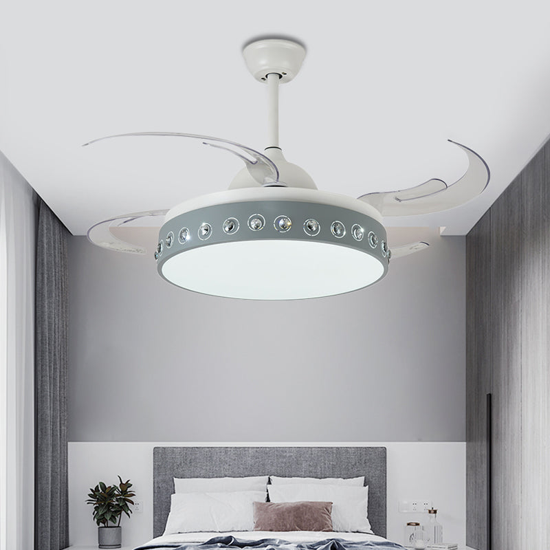 LED Drum Pendant Fan Light Modernism Grey Metallic 8 Blades Semi Flush Ceiling Lamp, 48" Wide Clearhalo 'Ceiling Fans with Lights' 'Ceiling Fans' 'Modern Ceiling Fans' 'Modern' Lighting' 399607