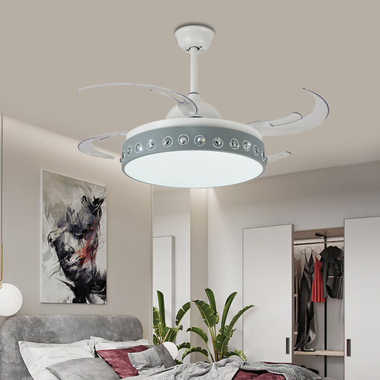 LED Drum Pendant Fan Light Modernism Grey Metallic 8 Blades Semi Flush Ceiling Lamp, 48" Wide Clearhalo 'Ceiling Fans with Lights' 'Ceiling Fans' 'Modern Ceiling Fans' 'Modern' Lighting' 399608