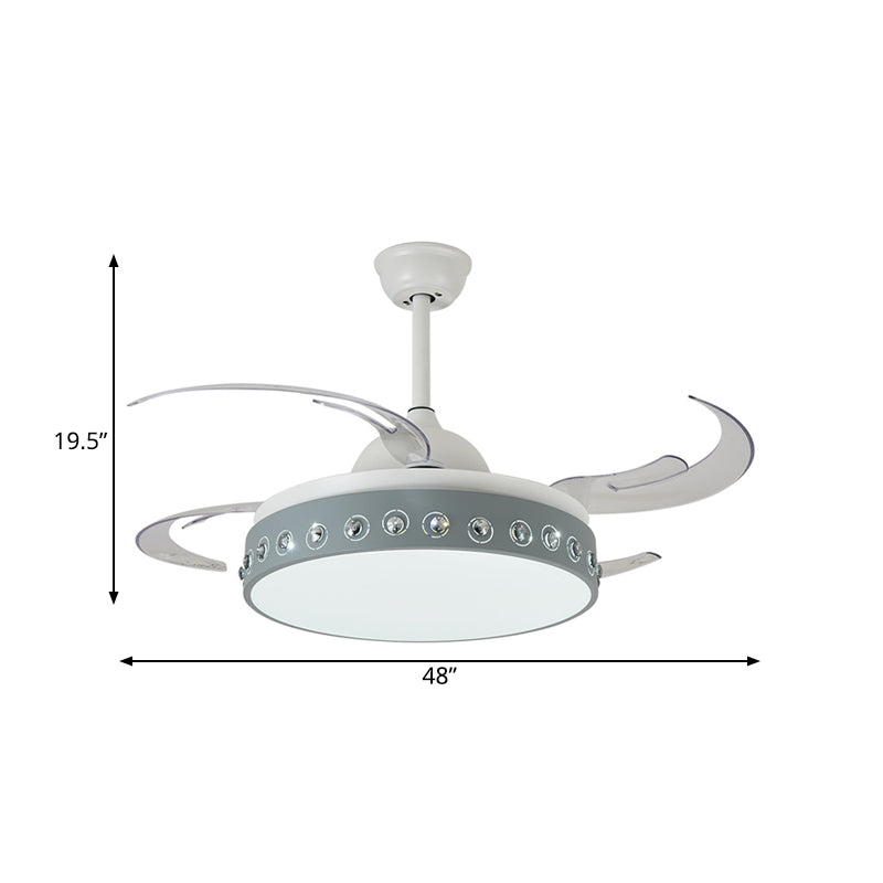 LED Drum Pendant Fan Light Modernism Grey Metallic 8 Blades Semi Flush Ceiling Lamp, 48" Wide Clearhalo 'Ceiling Fans with Lights' 'Ceiling Fans' 'Modern Ceiling Fans' 'Modern' Lighting' 399610