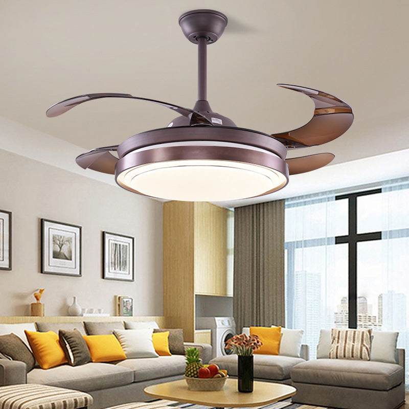 Metal Round Semi Flushmount Contemporary Bedroom 52" W LED Hanging Fan Light Fixture in Brown with 4 Blades Brown Clearhalo 'Ceiling Fans with Lights' 'Ceiling Fans' 'Modern Ceiling Fans' 'Modern' Lighting' 399611