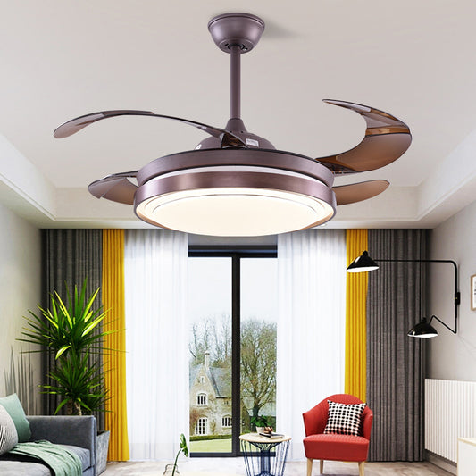 Metal Round Semi Flushmount Contemporary Bedroom 52" W LED Hanging Fan Light Fixture in Brown with 4 Blades Clearhalo 'Ceiling Fans with Lights' 'Ceiling Fans' 'Modern Ceiling Fans' 'Modern' Lighting' 399612