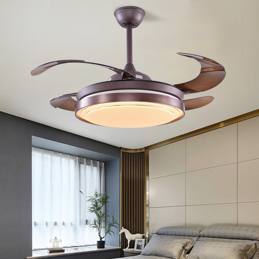 Metal Round Semi Flushmount Contemporary Bedroom 52" W LED Hanging Fan Light Fixture in Brown with 4 Blades Clearhalo 'Ceiling Fans with Lights' 'Ceiling Fans' 'Modern Ceiling Fans' 'Modern' Lighting' 399613