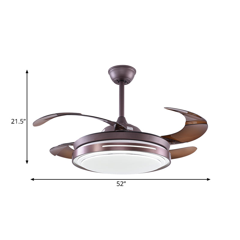 Metal Round Semi Flushmount Contemporary Bedroom 52" W LED Hanging Fan Light Fixture in Brown with 4 Blades Clearhalo 'Ceiling Fans with Lights' 'Ceiling Fans' 'Modern Ceiling Fans' 'Modern' Lighting' 399615