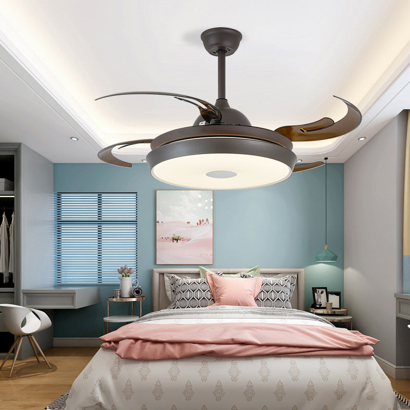 LED Metal Semi Flush Light Fixture Minimalist Brown Round Bedroom 4 Blades Hanging Fan Lamp, 48" Wide Brown Clearhalo 'Ceiling Fans with Lights' 'Ceiling Fans' 'Modern Ceiling Fans' 'Modern' Lighting' 399616
