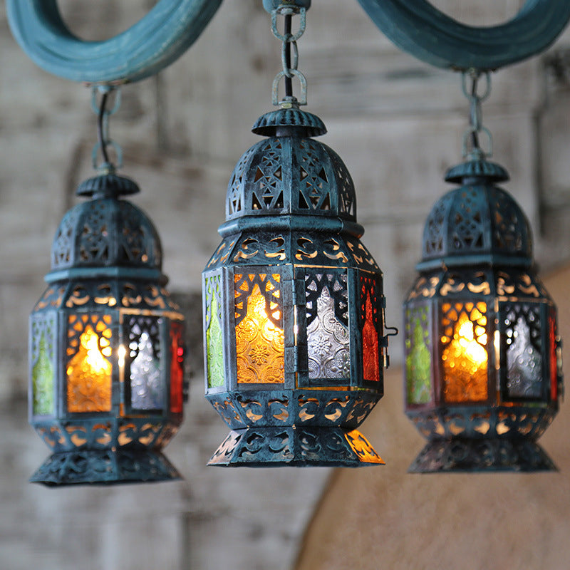 3 Lights Lantern Pendant Chandelier Mediterranean Blue Metal Hanging Lamp with Wooden Hook Rod Clearhalo 'Ceiling Lights' 'Chandeliers' Lighting' options 399697