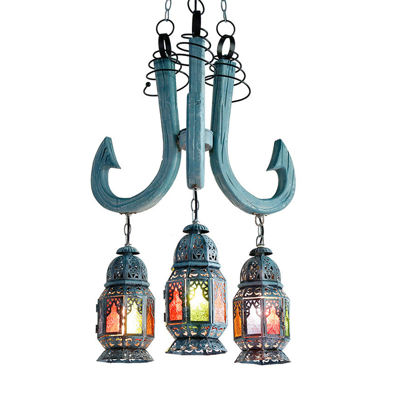 3 Lights Lantern Pendant Chandelier Mediterranean Blue Metal Hanging Lamp with Wooden Hook Rod Clearhalo 'Ceiling Lights' 'Chandeliers' Lighting' options 399699