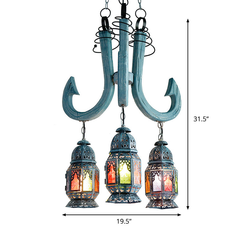3 Lights Lantern Pendant Chandelier Mediterranean Blue Metal Hanging Lamp with Wooden Hook Rod Clearhalo 'Ceiling Lights' 'Chandeliers' Lighting' options 399700