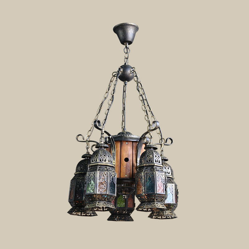 6 Heads Metal Hanging Lighting Arab Style Bronze Lantern Restaurant Ceiling Chandelier Clearhalo 'Ceiling Lights' 'Chandeliers' Lighting' options 399704