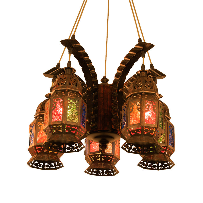 Lantern Metallic Chandelier Pendant Lamp Vintage 5 Bulbs Restaurant Hanging Light Fixture in Copper Clearhalo 'Ceiling Lights' 'Chandeliers' Lighting' options 399708
