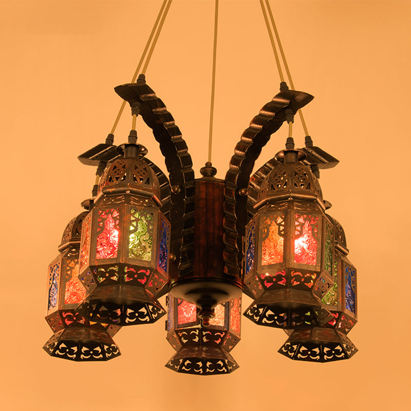 Lantern Metallic Chandelier Pendant Lamp Vintage 5 Bulbs Restaurant Hanging Light Fixture in Copper Clearhalo 'Ceiling Lights' 'Chandeliers' Lighting' options 399709