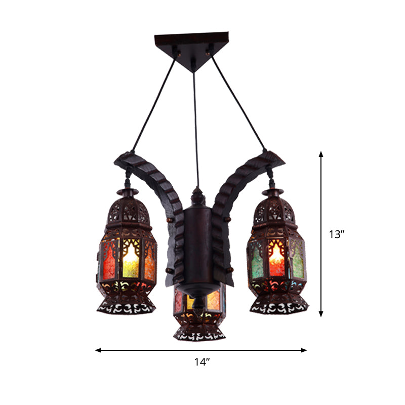 Black 3-Light Hanging Chandelier Arab Metal Lantern Suspension Lamp for Living Room Clearhalo 'Ceiling Lights' 'Chandeliers' Lighting' options 399715
