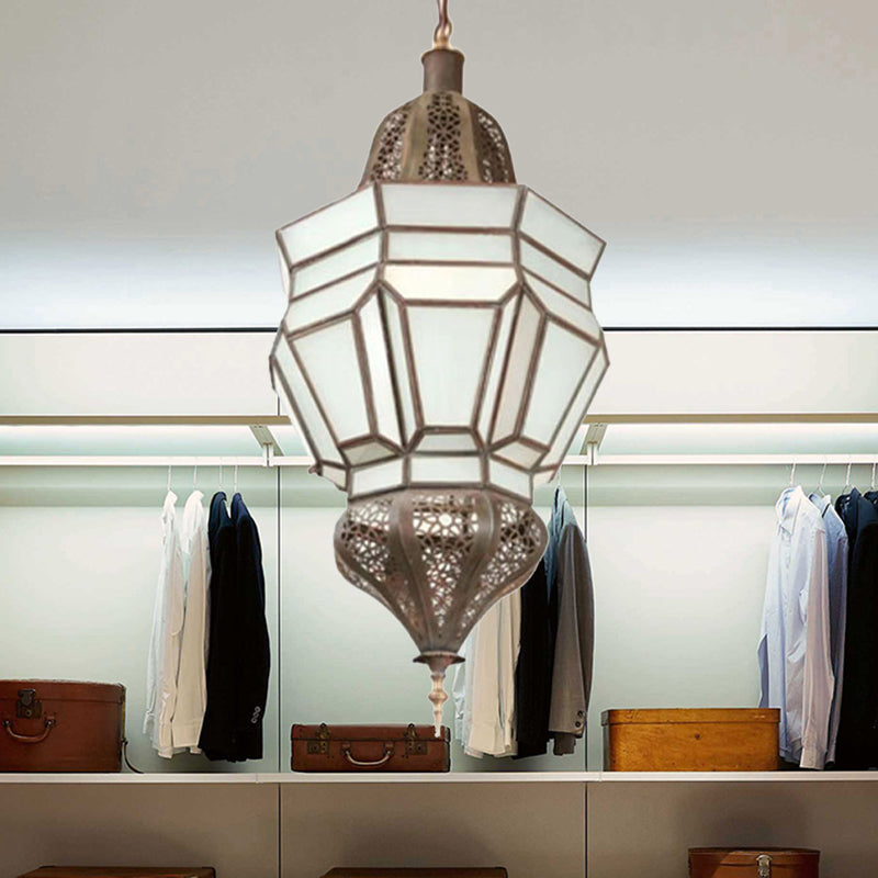 Lantern Corridor Chandelier Mediterranean Style White Frosted Glass 3-Bulb Brass Hanging Light Kit Clearhalo 'Ceiling Lights' 'Chandeliers' Lighting' options 399722