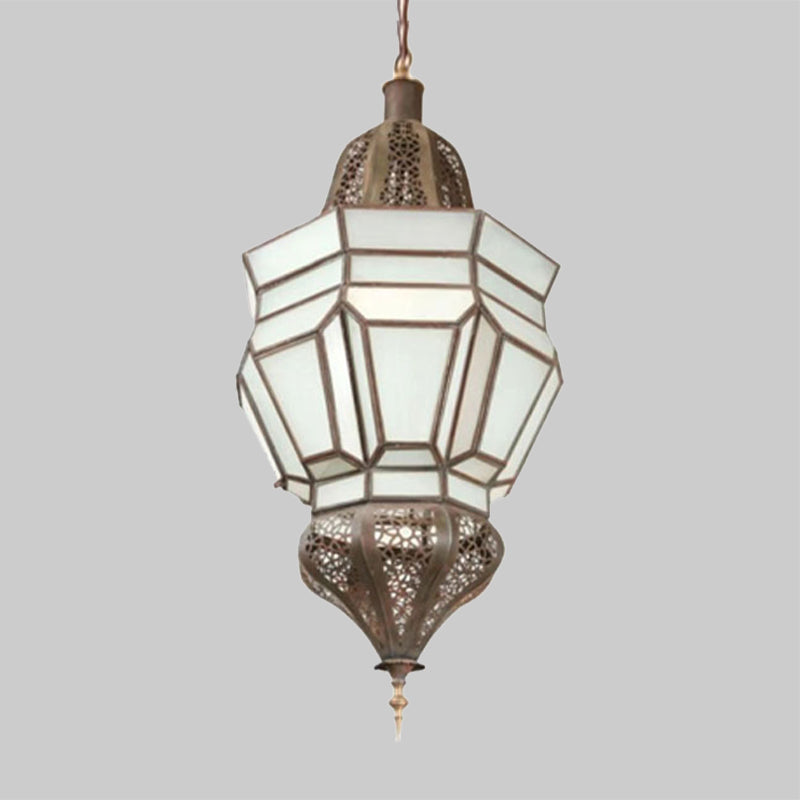 Lantern Corridor Chandelier Mediterranean Style White Frosted Glass 3-Bulb Brass Hanging Light Kit Clearhalo 'Ceiling Lights' 'Chandeliers' Lighting' options 399724