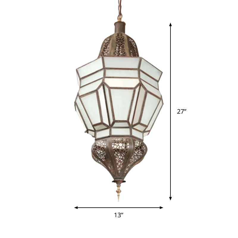 Lantern Corridor Chandelier Mediterranean Style White Frosted Glass 3-Bulb Brass Hanging Light Kit Clearhalo 'Ceiling Lights' 'Chandeliers' Lighting' options 399725