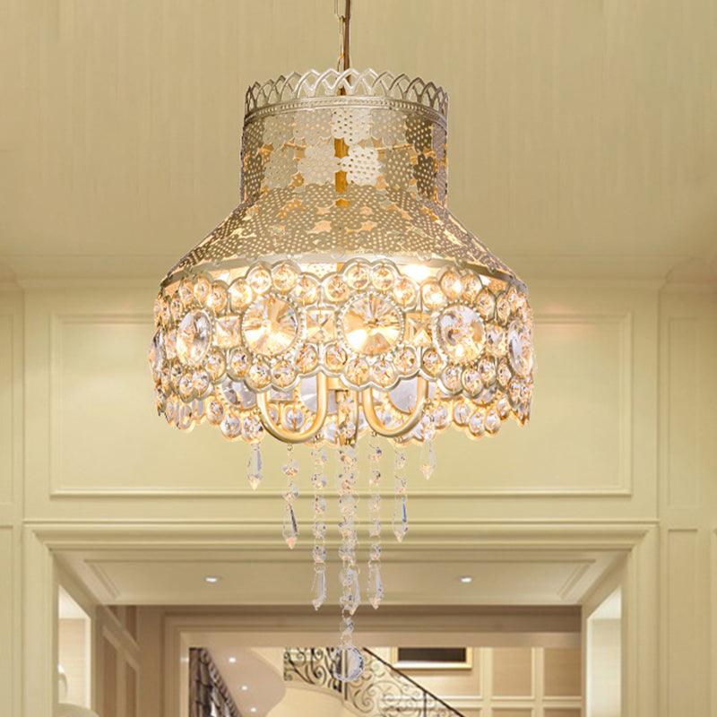 3 Lights Ceiling Chandelier Vintage Urn Shape Metal Pendant Lamp in Brass with Crystal Decoration Clearhalo 'Ceiling Lights' 'Chandeliers' Lighting' options 399727